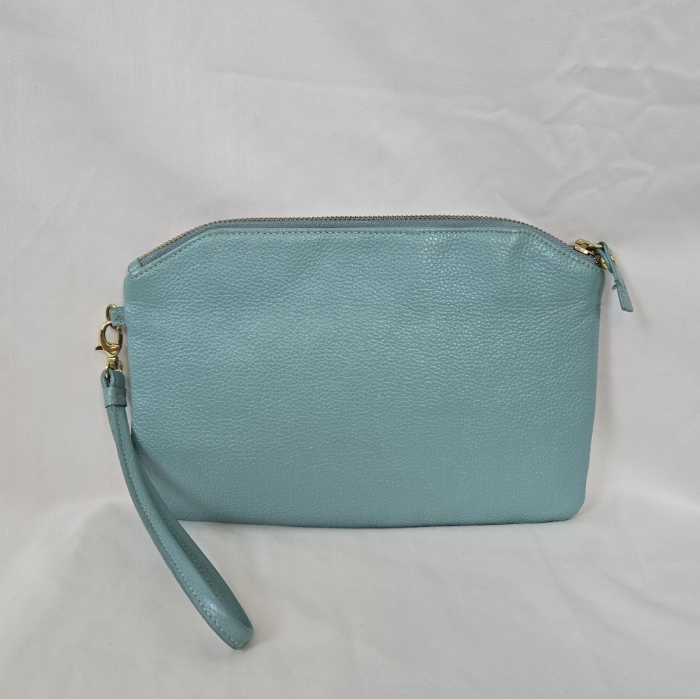 Lodis Women's Turquoise Pebbled Leather Gold Hardware Zipper Wristlet Clutch - Picture 7 of 10